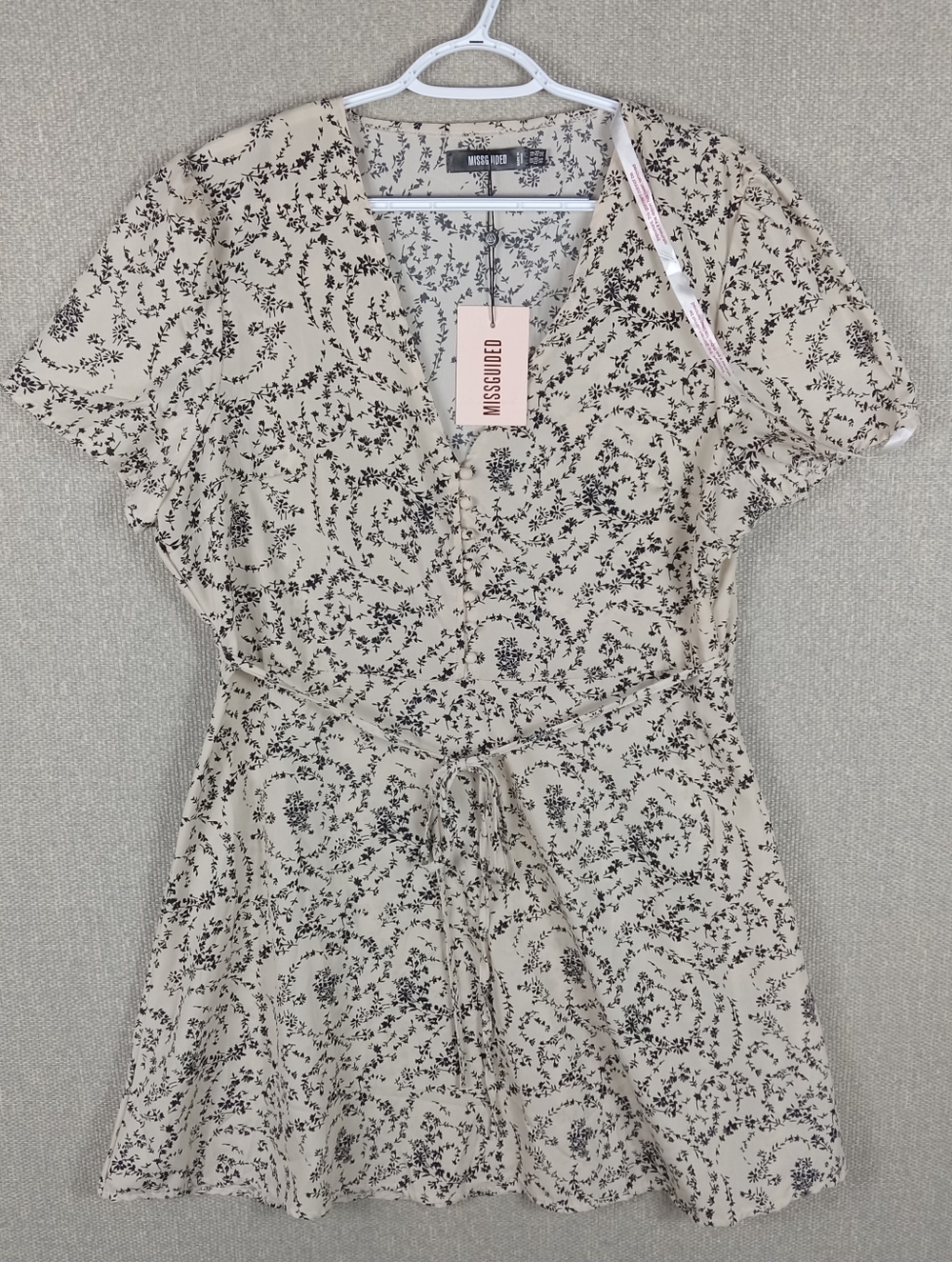 Missguided Stone Floral Half Button Tea Dress Mini Waist Tie Size 14 Cottagecore